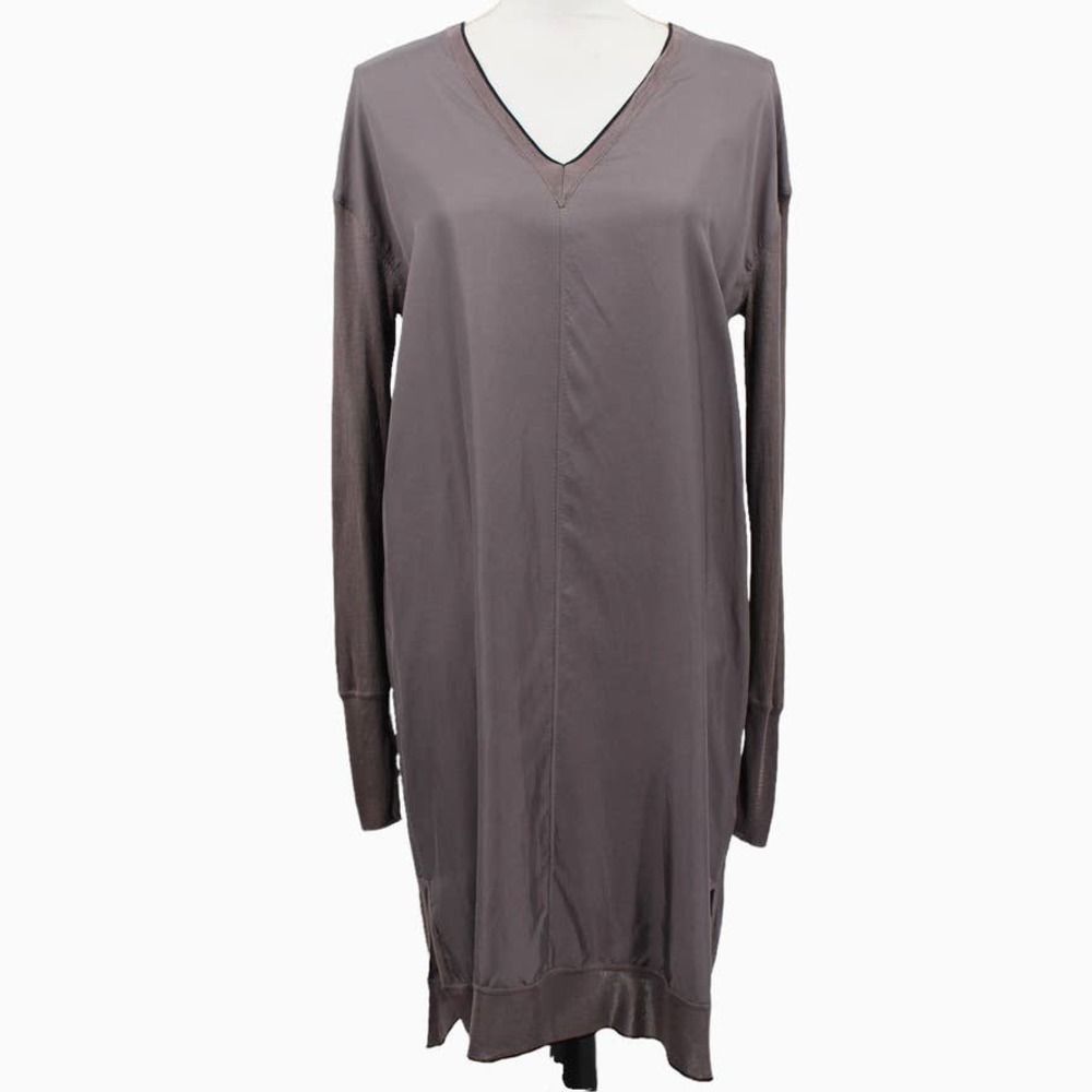 Rag & Bone Maude Silk Long Sleeve Shift Tunic Dress Knit Trim V Neck Grey Medium